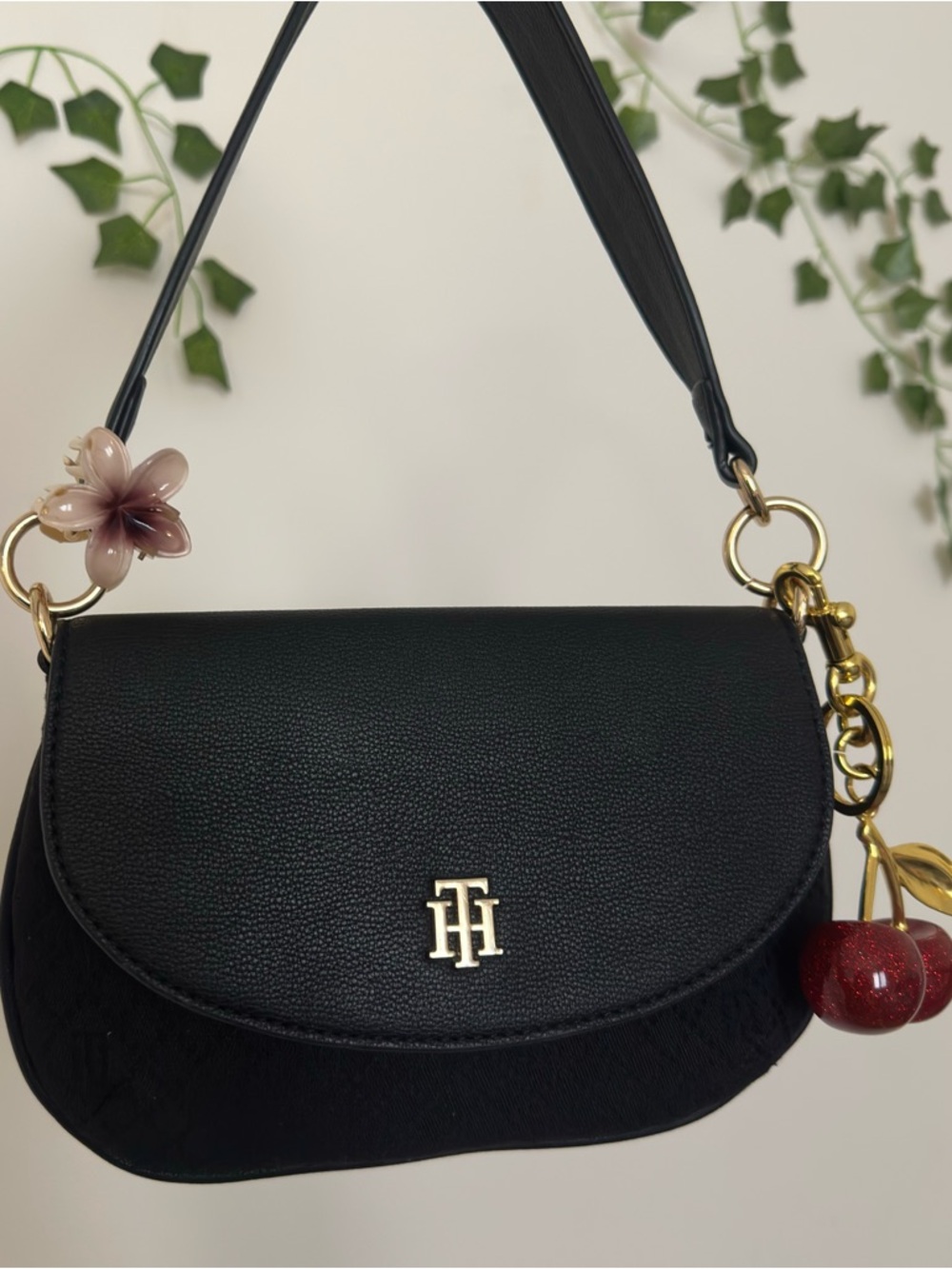 Tommy Hilfiger Black Shoulder Bag with Gold Accents